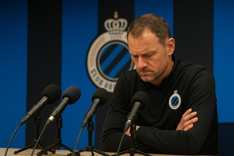 Ivan Leko, trainer van Club Brugge, kijkt ernstig tijdens een persmoment na een wedstrijd in de Play-Offs.