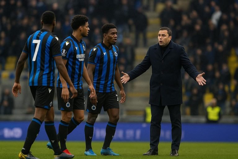 Spelers van Club Brugge in een gespannen sfeer tijdens de Champions' Play-Offs.