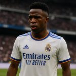 Vinícius Júnior in het shirt van Real Madrid in een stadioncontext