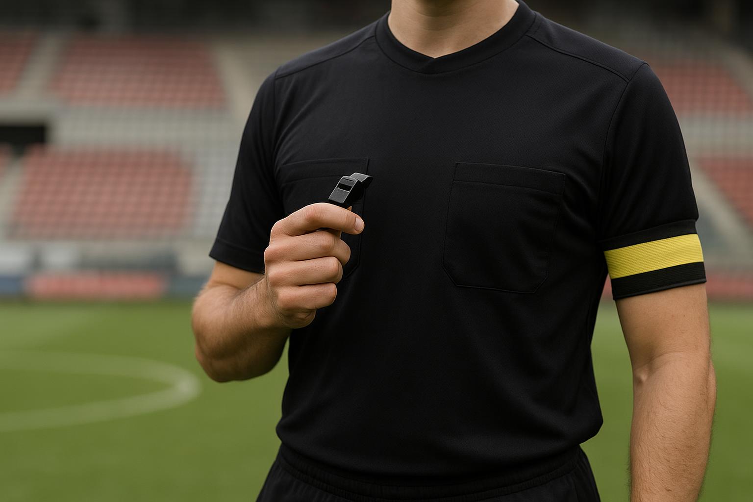 Een scheidsrechter met fluit in een stadionomgeving tijdens de play-offs