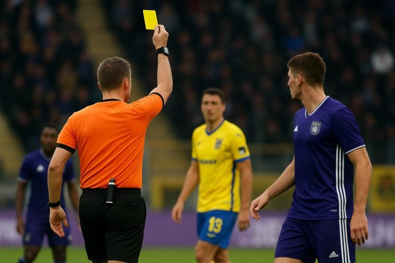 Scheidsrechter toont een gele kaart tijdens STVV tegen RSC Anderlecht op Stayen