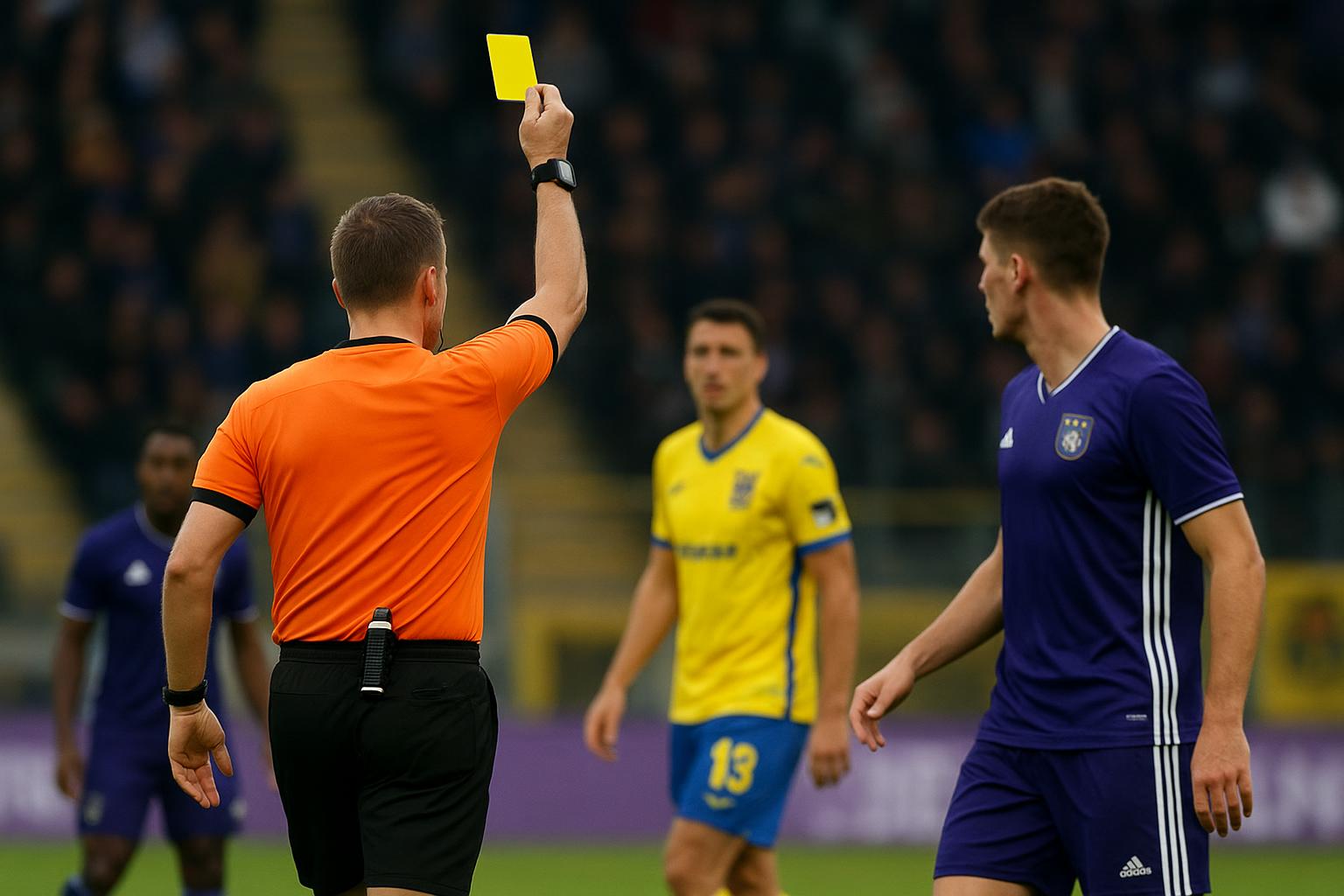 Scheidsrechter toont een gele kaart tijdens STVV tegen RSC Anderlecht op Stayen