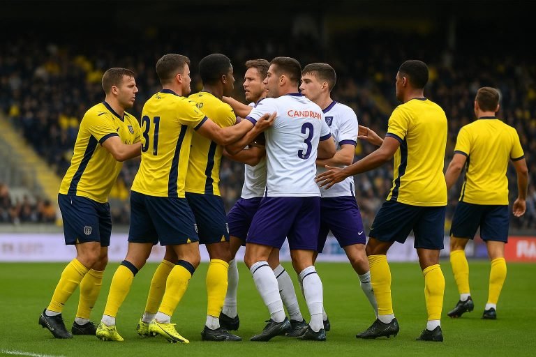 Spelers van STVV en Anderlecht in discussie na het laatste fluitsignaal op Stayen