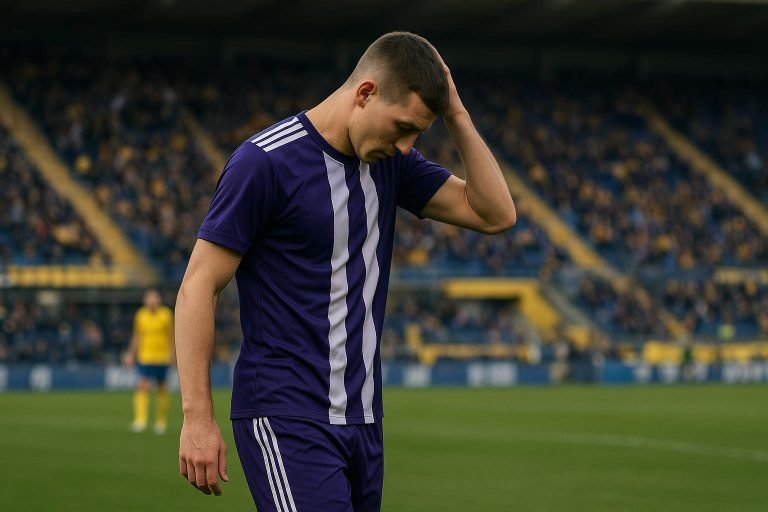 Adriano Bertaccini van Anderlecht teleurgesteld na de nederlaag op Stayen