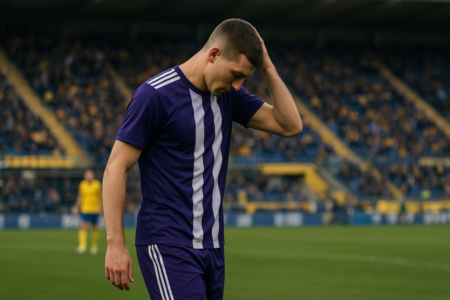 Adriano Bertaccini van Anderlecht teleurgesteld na de nederlaag op Stayen
