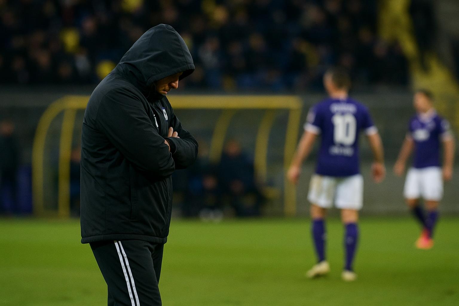 Jรฉrรฉmy Taravel langs de zijlijn tijdens STVV-Anderlecht op Stayen