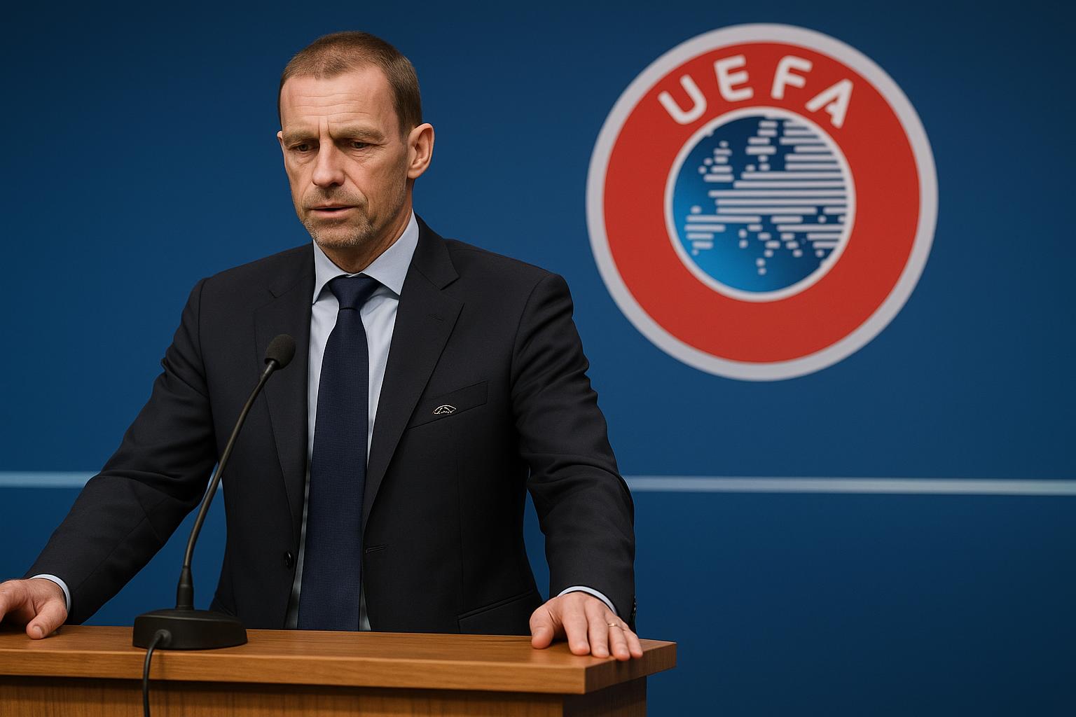 Aleksander Ceferin spreekt tijdens een conferentie in Madrid over spelregels en VAR