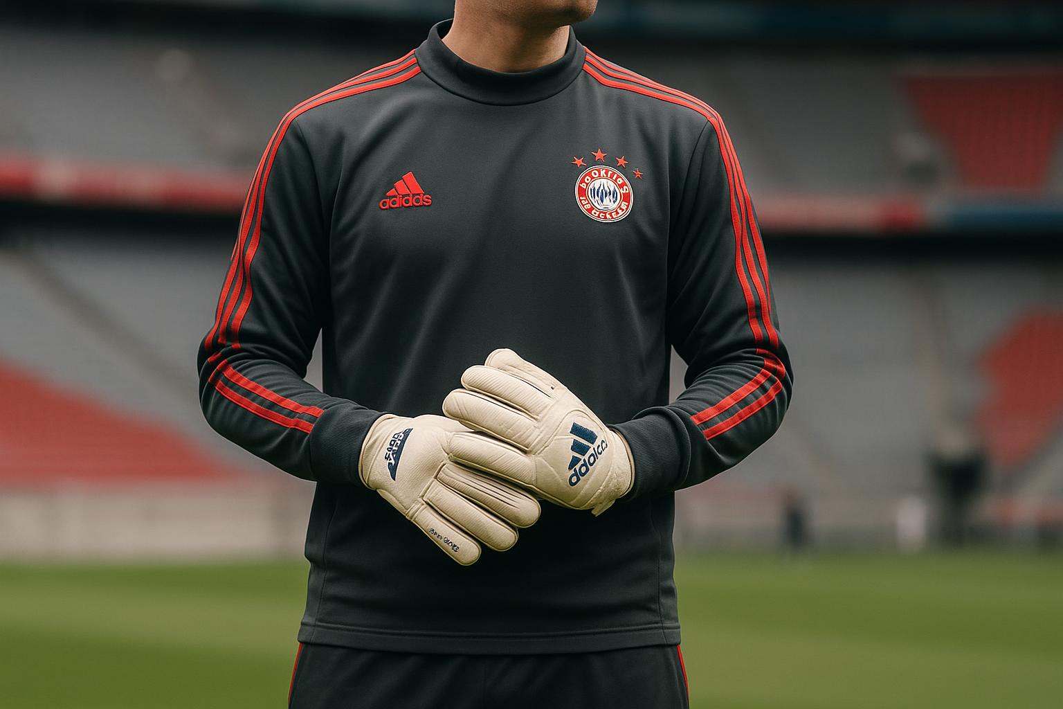 Een Bayern-doelmanstruit met handschoenen op een trainingsterrein, als context bij het contractdossier rond Manuel Neuer.