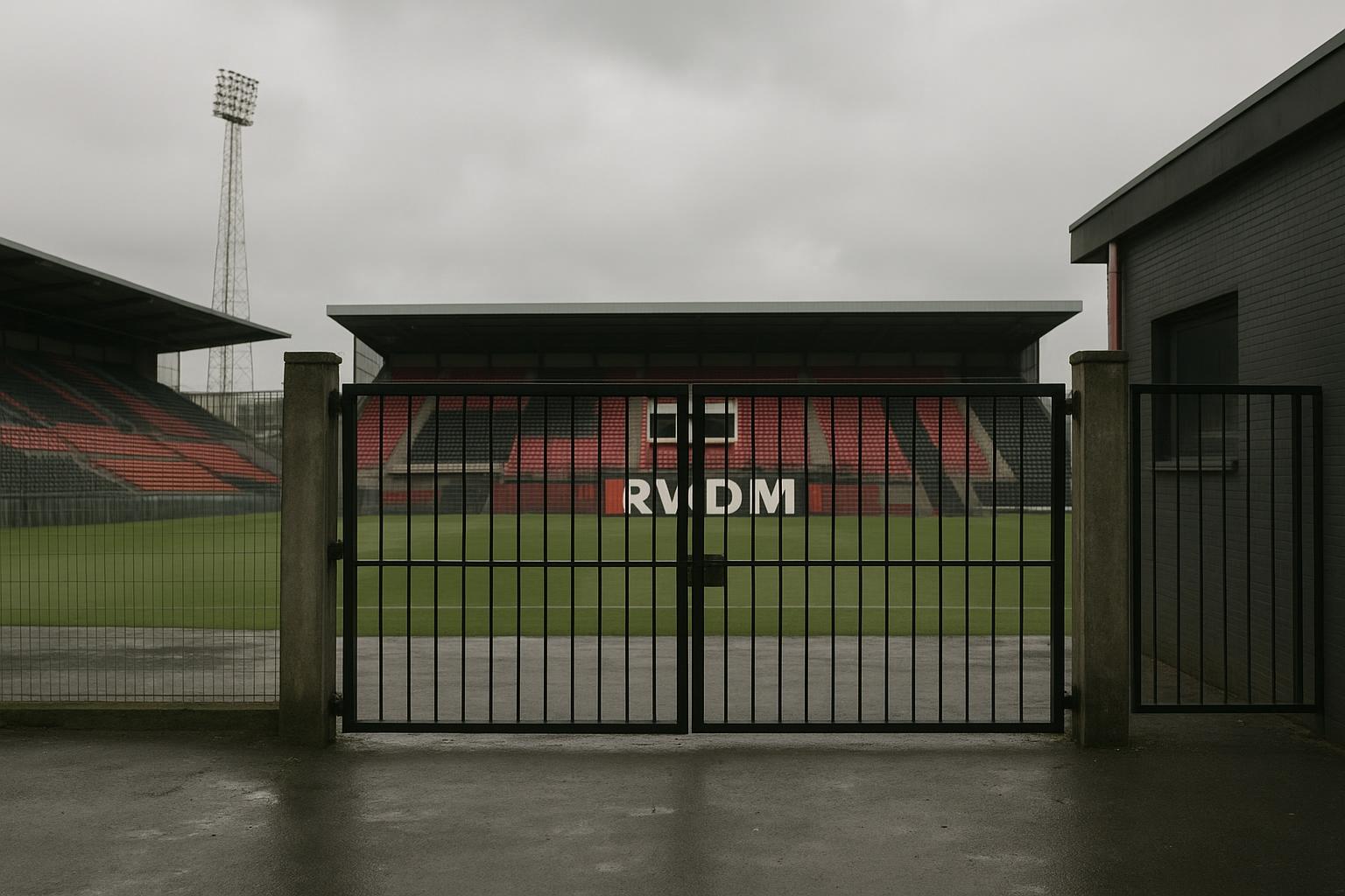 Stadionomgeving van RWDM met gesloten hekken op een rustige dag