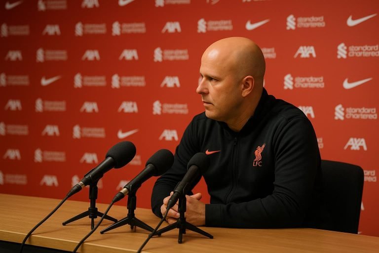 Arne Slot tijdens een persmoment bij Liverpool