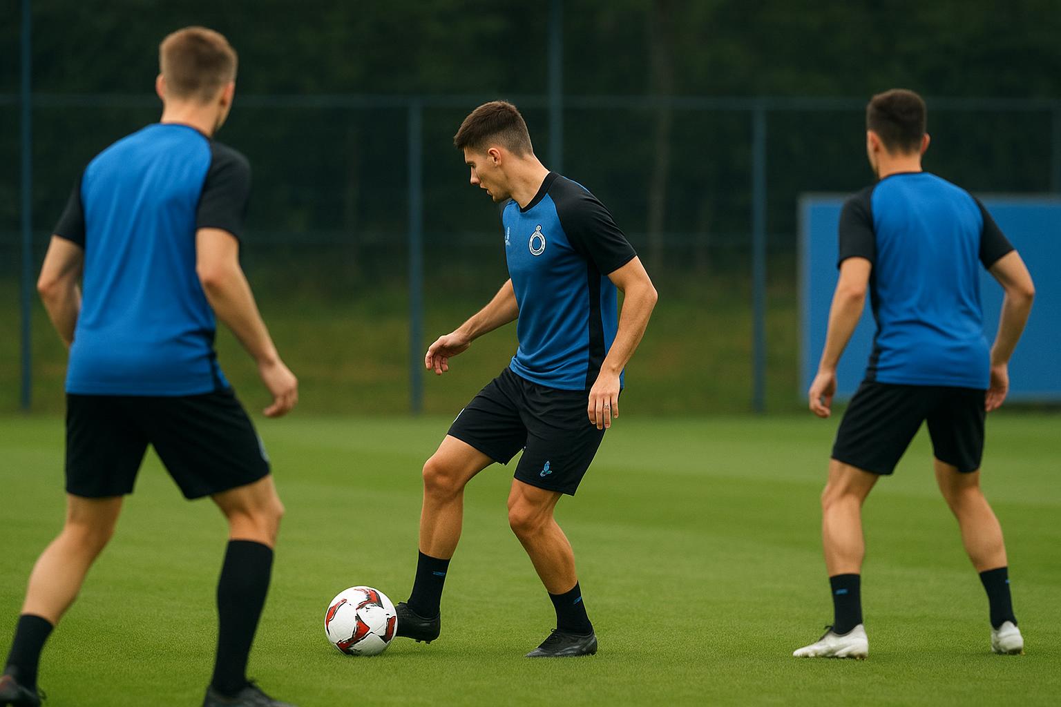 Spelers van Club Brugge op training op een oefenveld, met focus op een aanvaller aan de bal.
