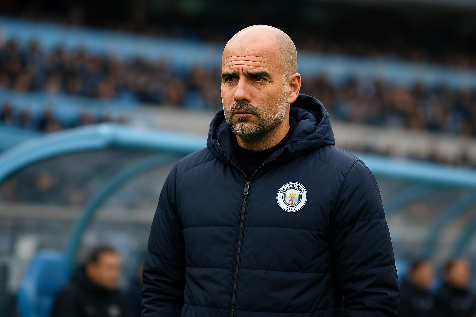 Pep Guardiola langs de zijlijn tijdens een wedstrijd van Manchester City