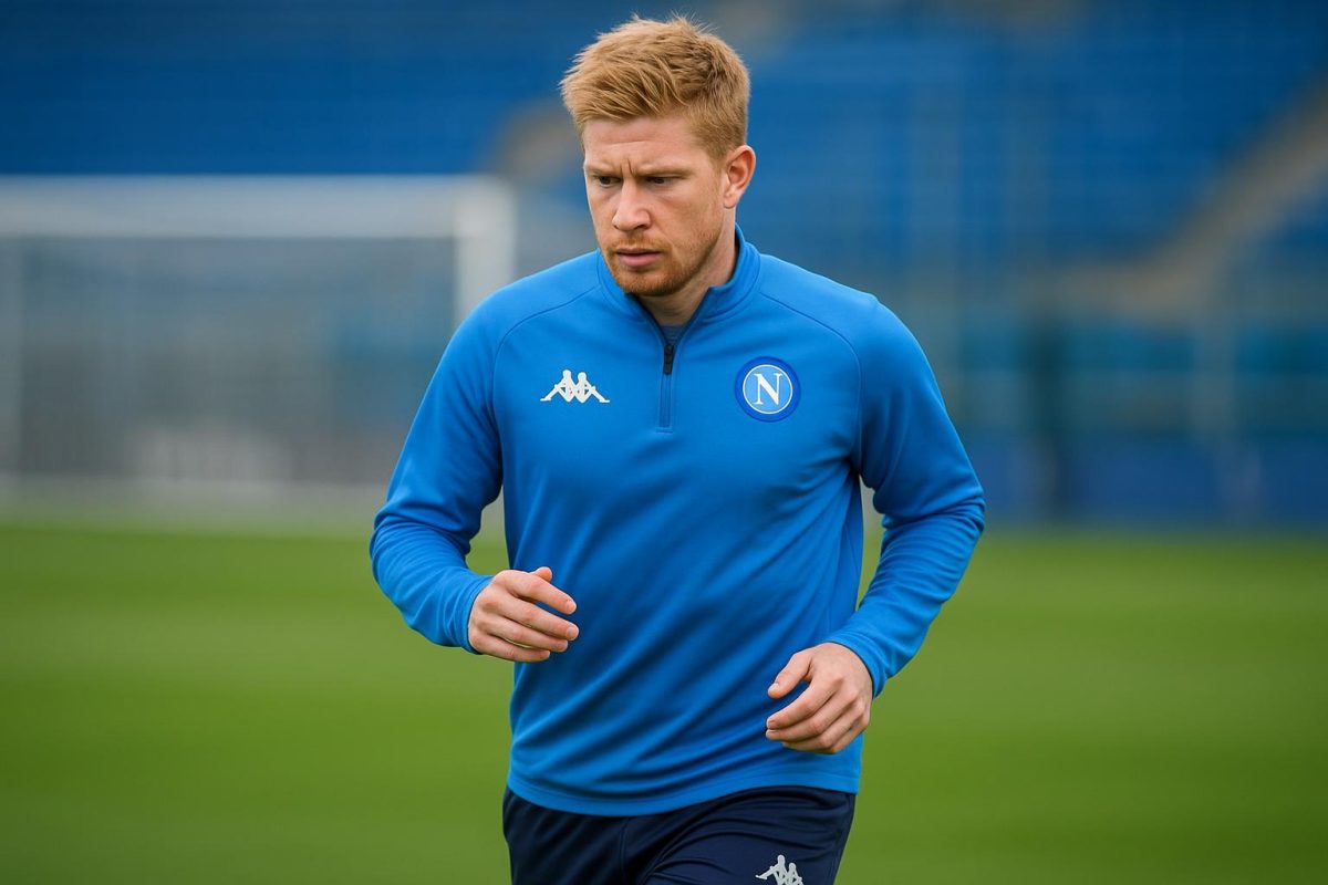 Kevin De Bruyne in trainingcontext bij Napoli, met focus op concentratie en teamafstemming.