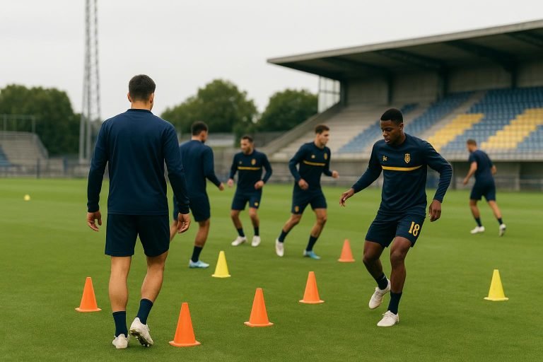 Union Saint-Gilloise werkt een training af in aanloop naar de derby, zonder herkenbare gezichten in beeld.