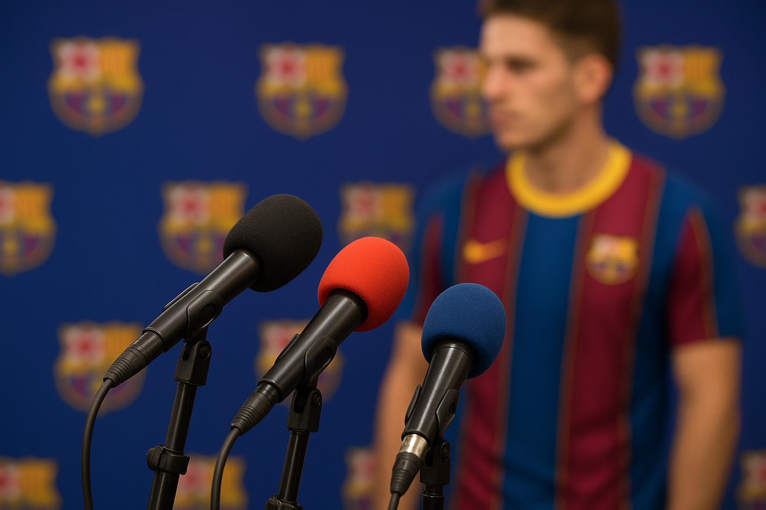 Sfeerbeeld van een persmoment rond FC Barcelona met microfoons in beeld