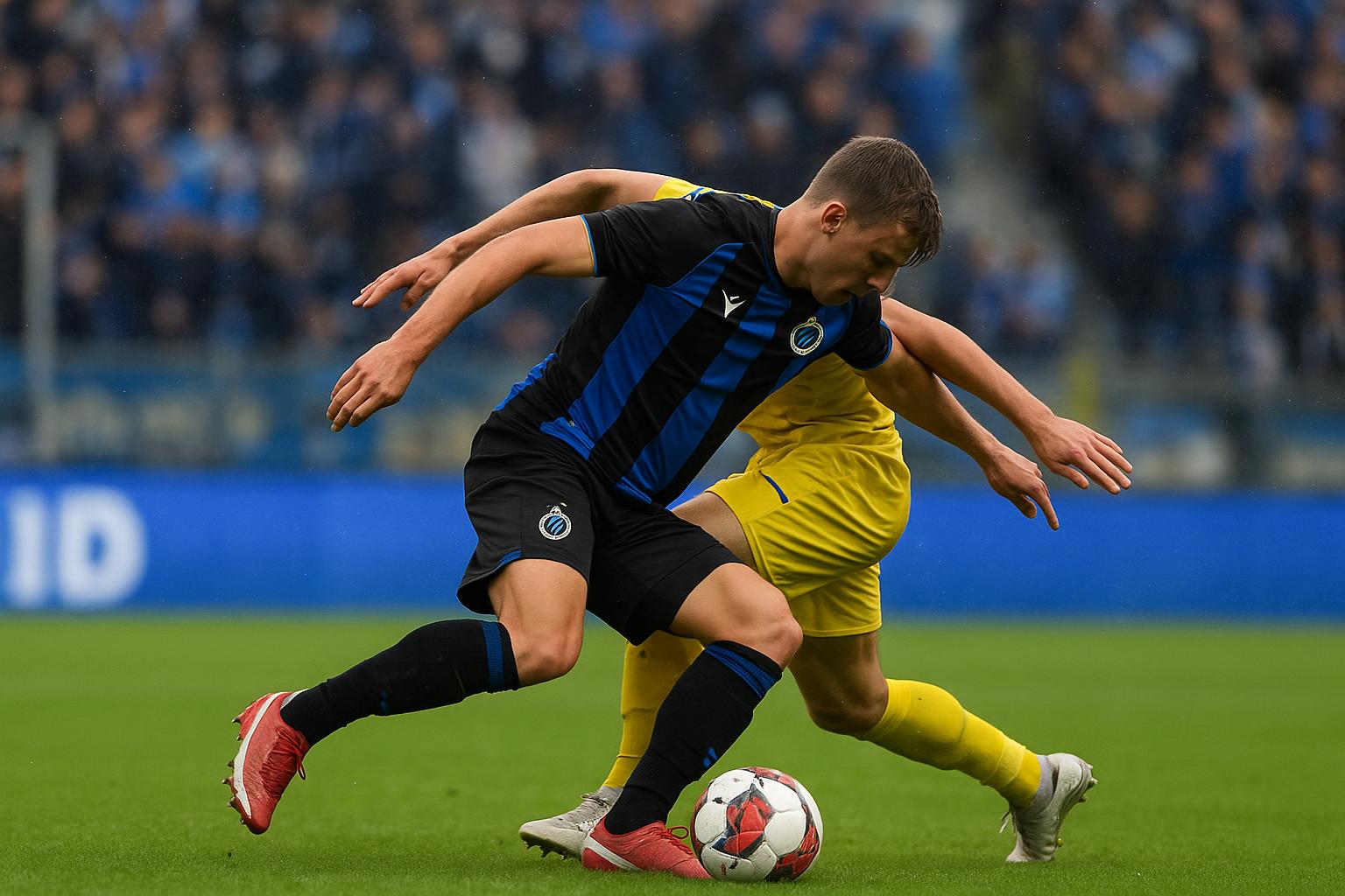 Spelmoment met een aanvaller van Club Brugge op het veld, zonder herkenbare gezichten