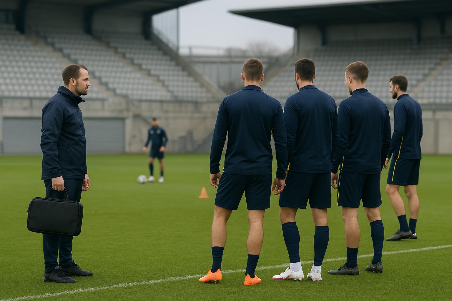 Union SG-spelers op training met medische begeleiding op de achtergrond