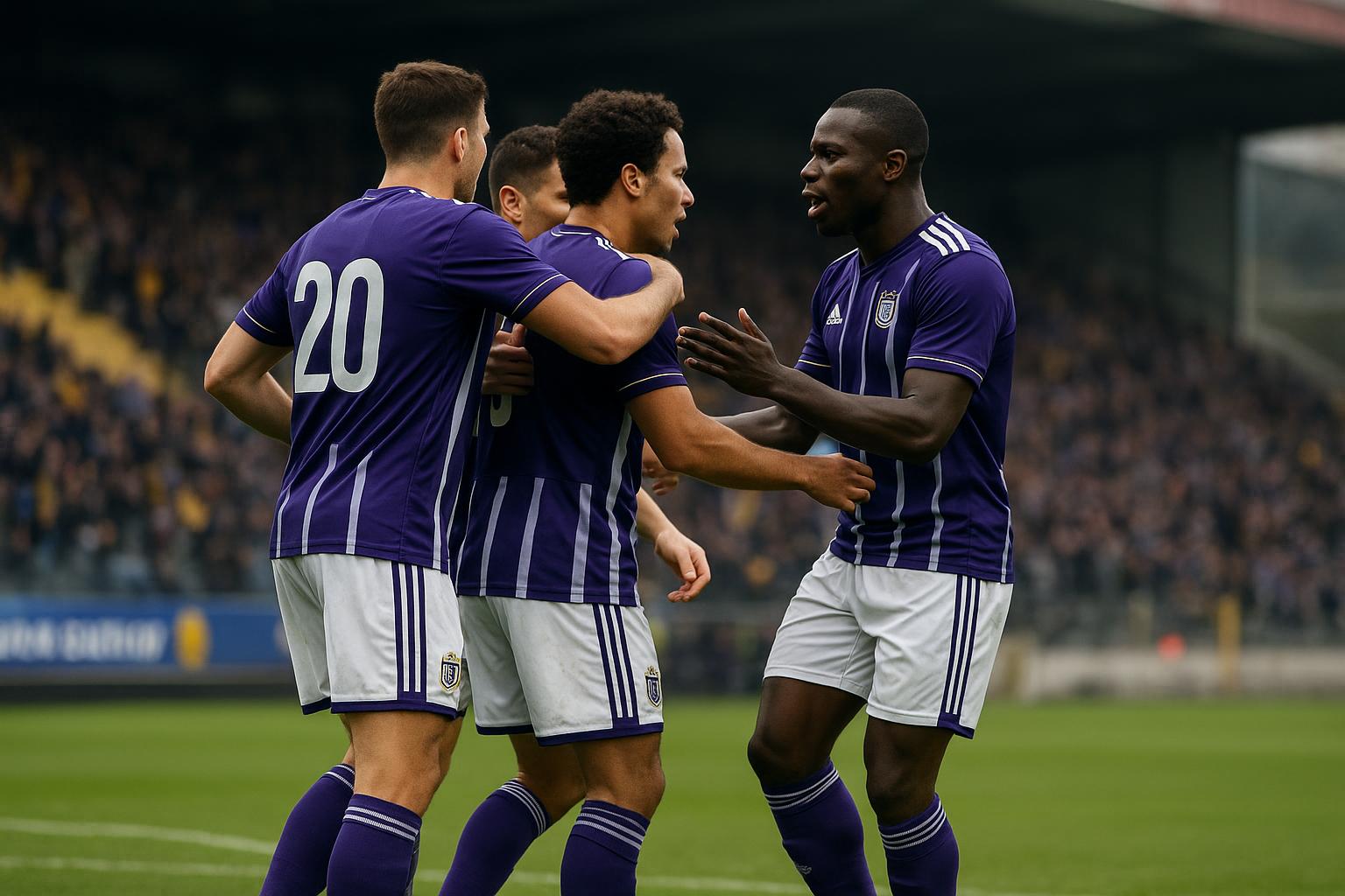 Spelers van STVV en Anderlecht in discussie op het veld op Stayen na het laatste fluitsignaal