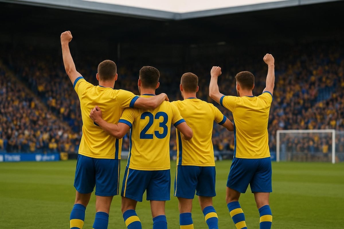 Spelers van KVC Westerlo vieren een doelpunt tijdens de Europe Play-Offs.