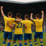 Spelers van KVC Westerlo vieren een doelpunt tijdens de Europe Play-Offs.