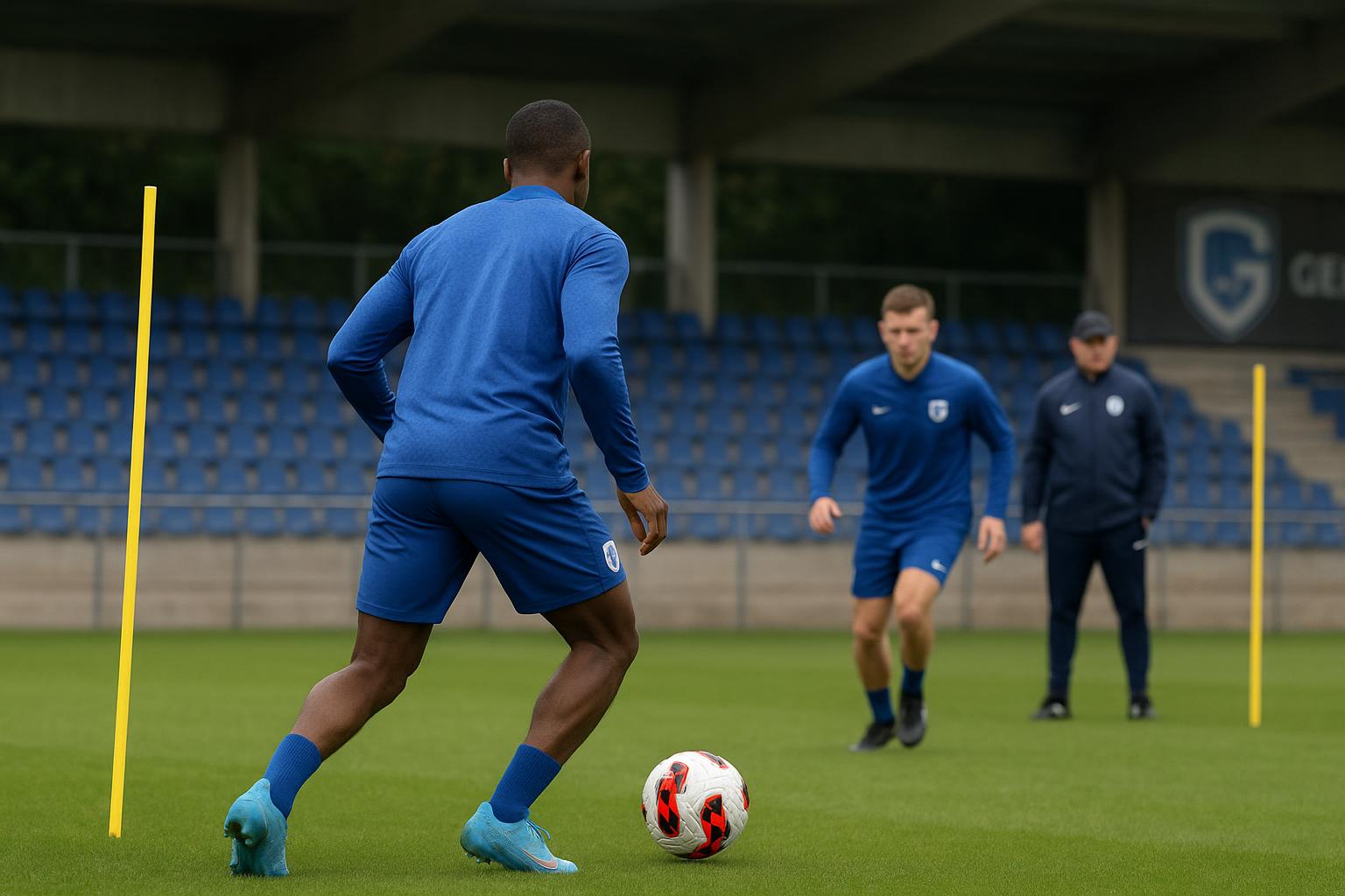 Nicky Hayen leidt een trainingsmoment bij KRC Genk in aanloop naar de wedstrijd tegen Standard.