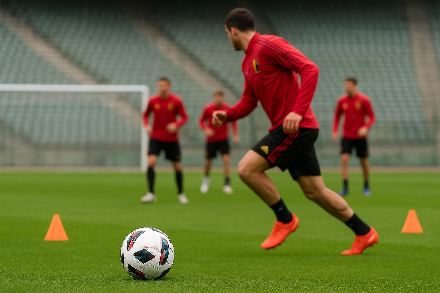 Sfeerbeeld van een training van de Rode Duivels met focus op de bal en spelers zonder herkenbare gezichten