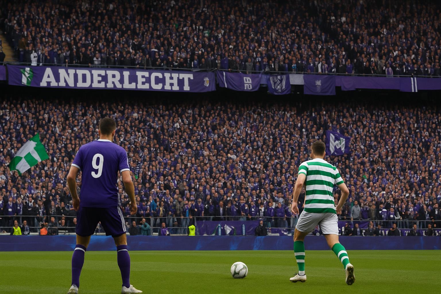Sfeerbeeld in een stadion tijdens een Brusselse derby tussen RSC Anderlecht en Union SG, met spelers in actie zonder herkenbare gezichten.