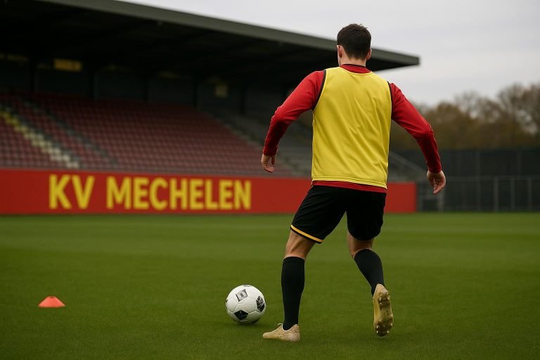 Benito Raman op het trainingsveld van KV Mechelen, gezien van achteren