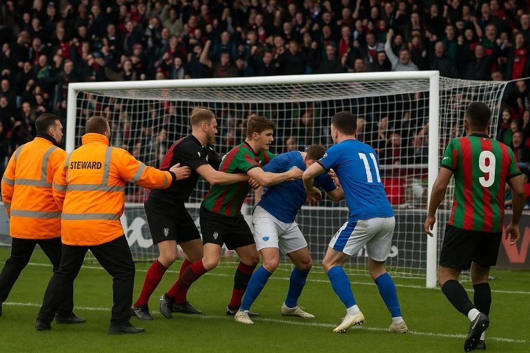 Spelers van York City vieren promotie na een late gelijkmaker tegen Rochdale in Spotland Stadium