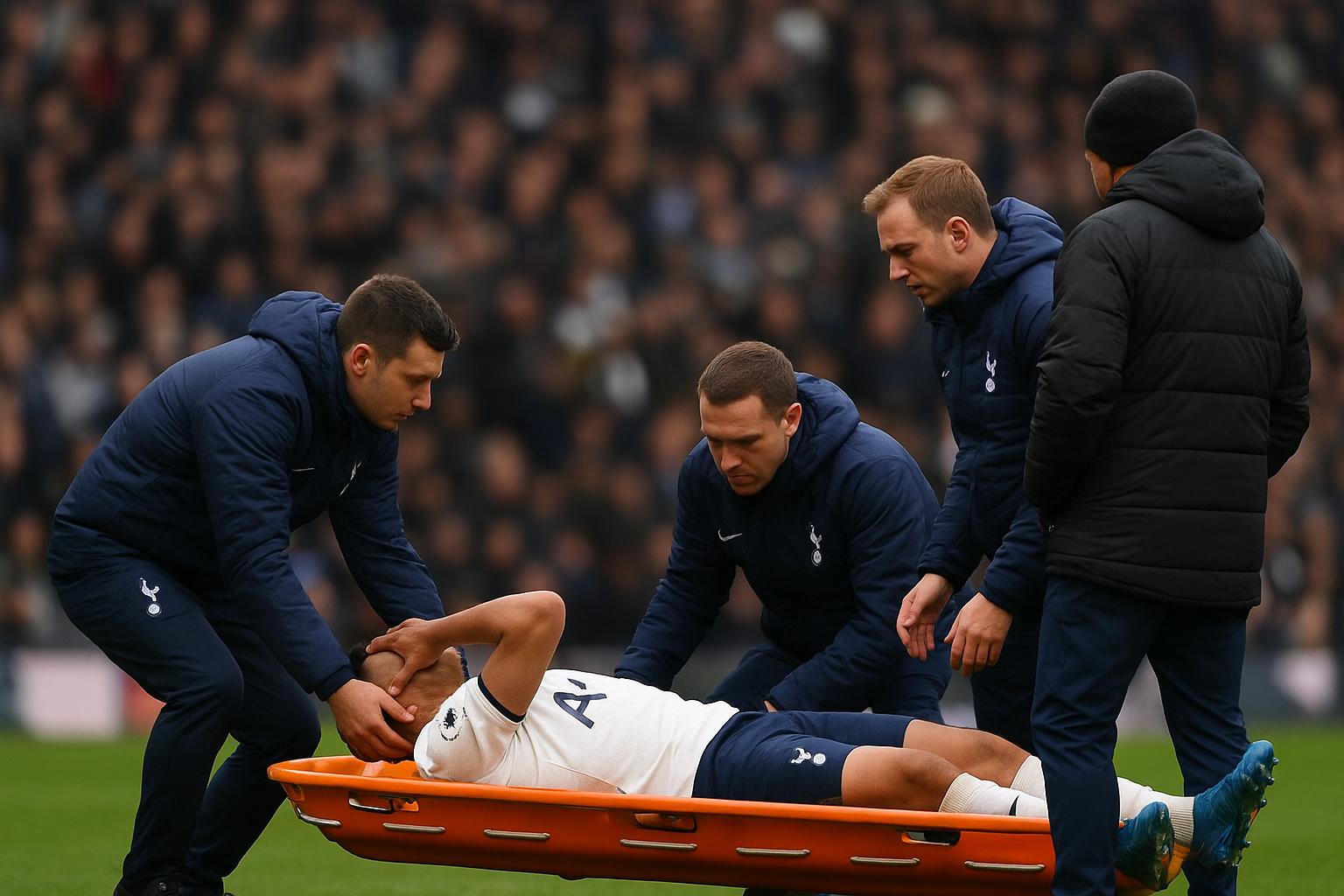 Speler van Tottenham Hotspur wordt op een brancard van het veld gedragen na een blessure tijdens de match tegen Wolverhampton Wanderers.