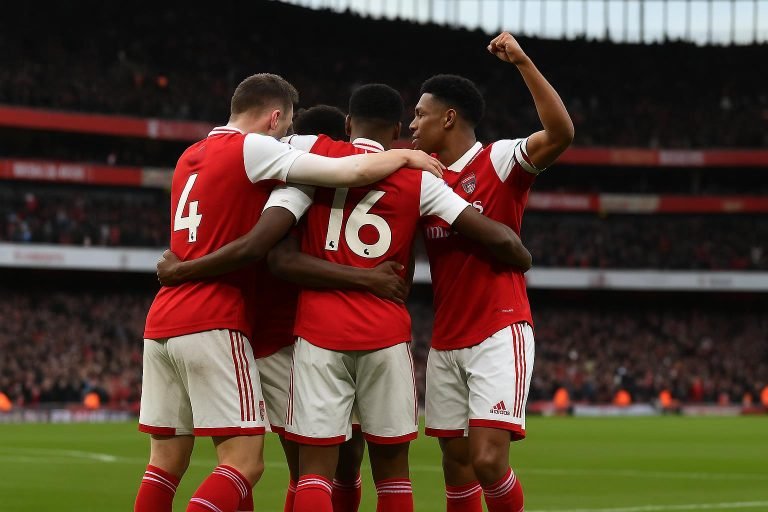 Spelers van Arsenal vieren een doelpunt in een Premier League-wedstrijd tegen Newcastle