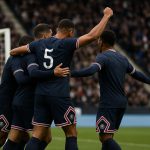 Spelers van Paris Saint-Germain vieren een doelpunt tijdens de uitmatch bij Angers.
