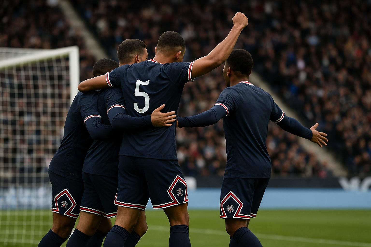 Spelers van Paris Saint-Germain vieren een doelpunt tijdens de uitmatch bij Angers.