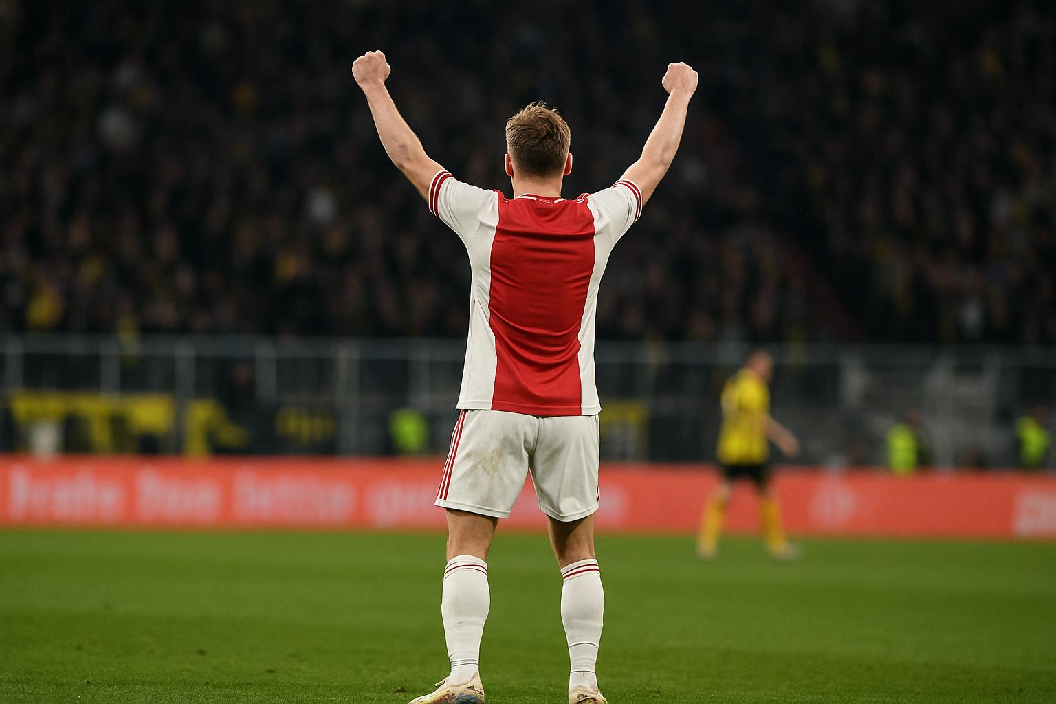 Ajax-speler Mika Godts viert na een doelpunt in een wedstrijd.