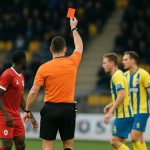 Wedstrijdmoment bij KVC Westerlo tegen Royal Antwerp FC met de scheidsrechter op de voorgrond