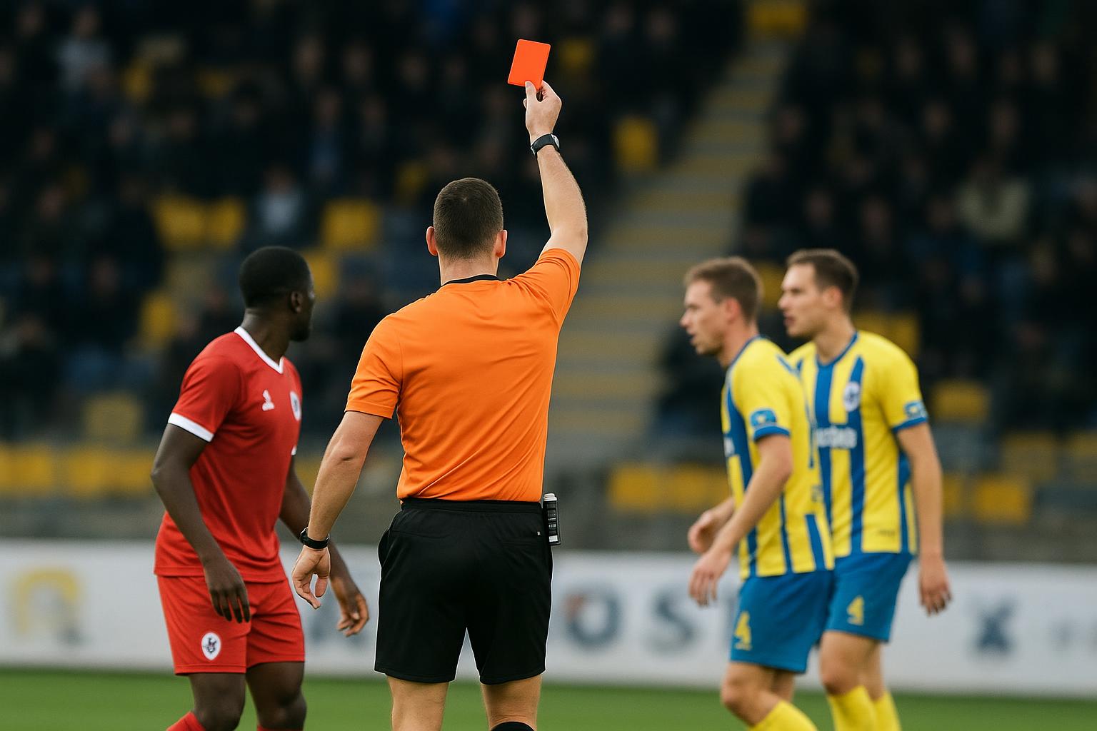Wedstrijdmoment bij KVC Westerlo tegen Royal Antwerp FC met de scheidsrechter op de voorgrond