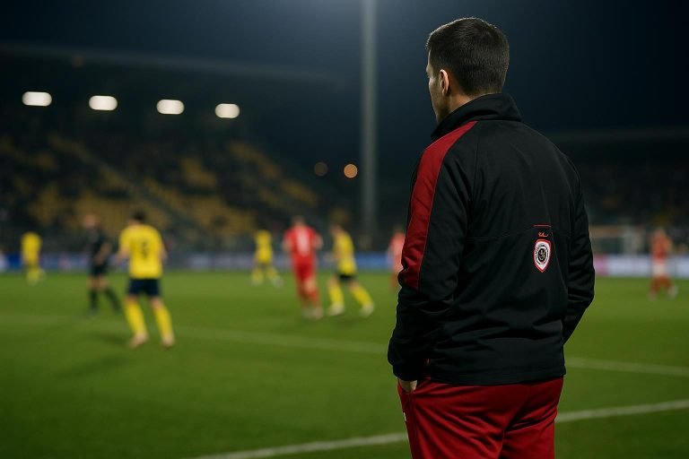 Joseph Oosting coacht Royal Antwerp FC langs de zijlijn tijdens een wedstrijd.
