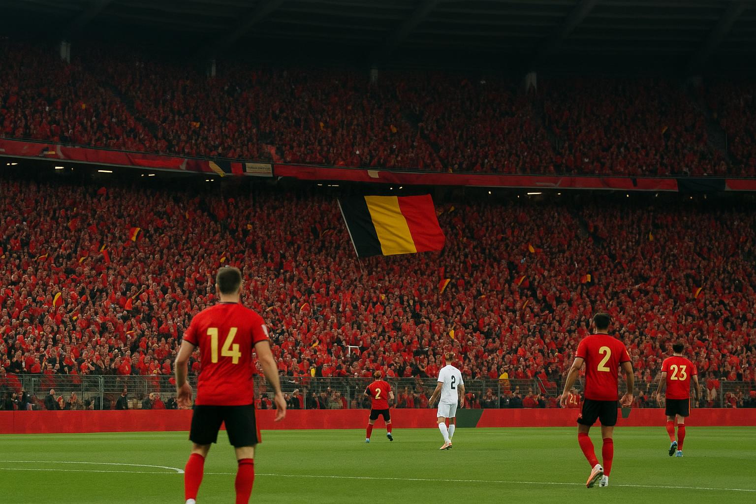Sfeershot in een stadion met supporters in rood tijdens een wedstrijd van de Rode Duivels