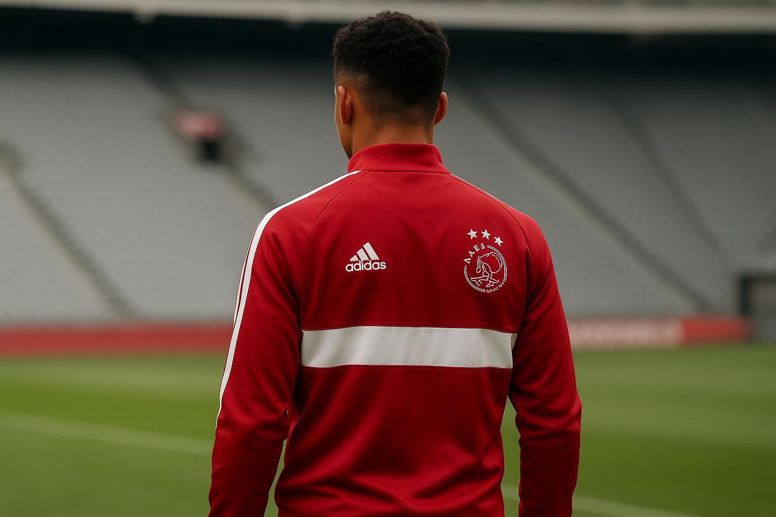 Mika Godts in actie voor Ajax tijdens een wedstrijd in een Nederlands stadion