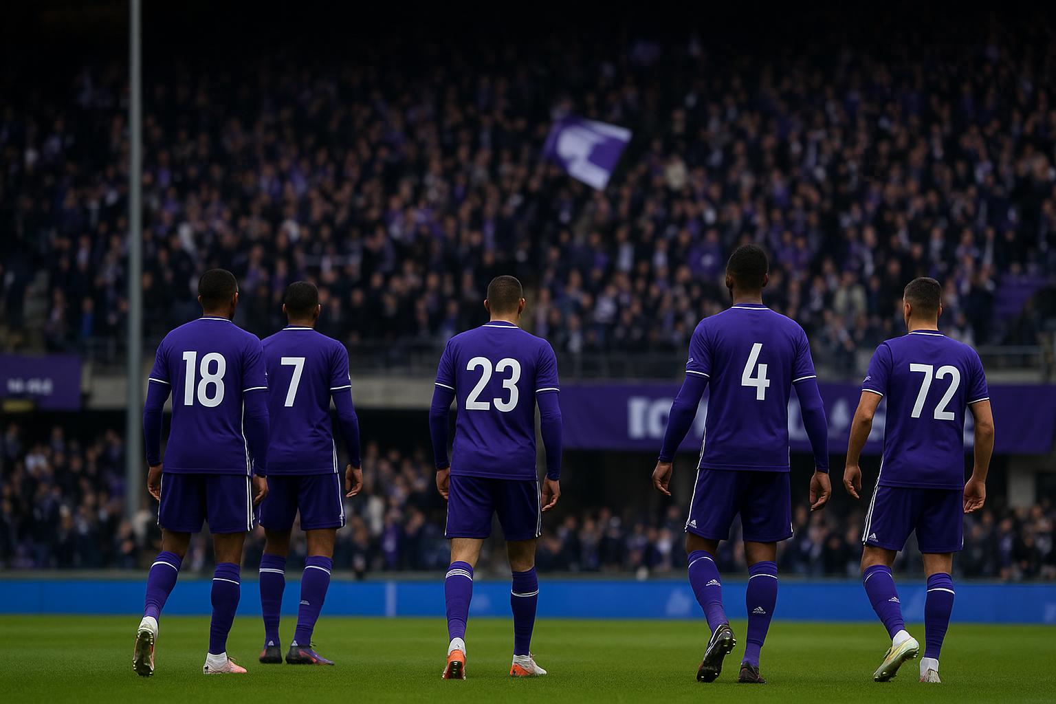 Spelers van RSC Anderlecht vieren samen een doelpunt in het stadion.