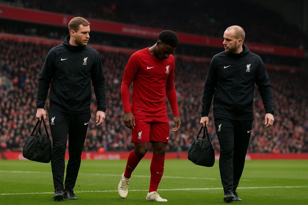 Mohamed Salah verlaat het veld na een blessure bij Liverpool in een stadionomgeving.