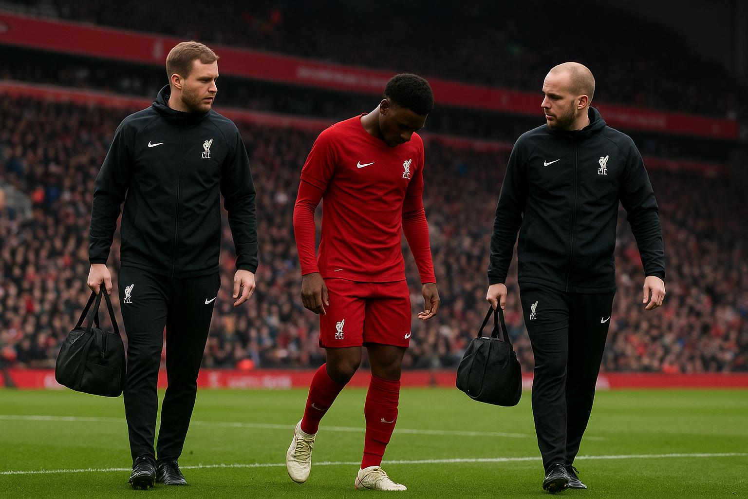 Mohamed Salah verlaat het veld na een blessure bij Liverpool in een stadionomgeving.