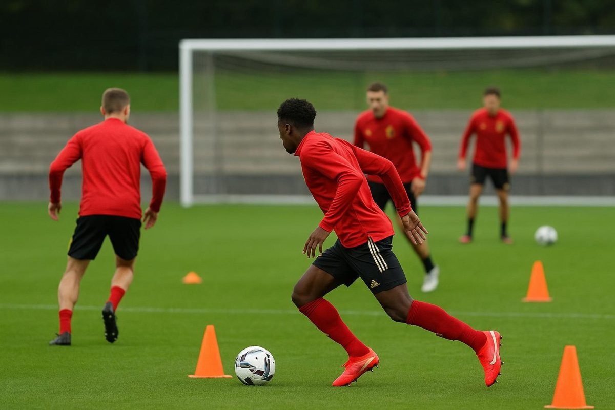Sfeerbeeld van een training met Belgische internationals, focus op de spitszone zonder herkenbare gezichten.