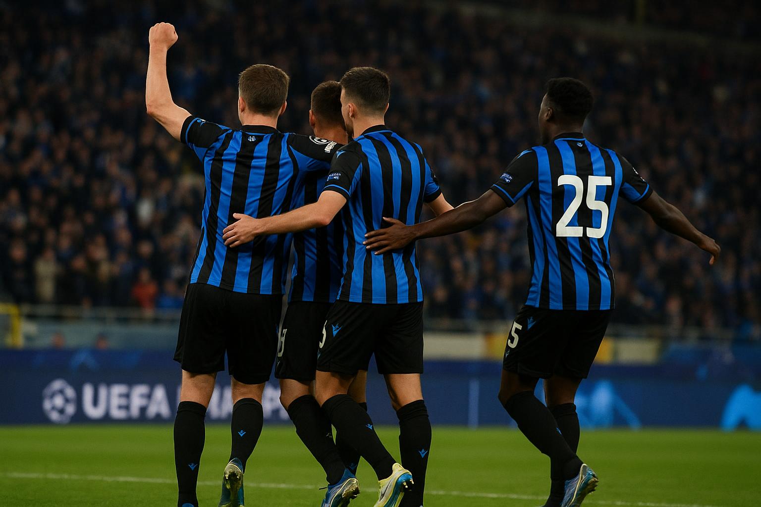 Spelers van Club Brugge vieren een doelpunt in de Planet Group Arena tegen KAA Gent.