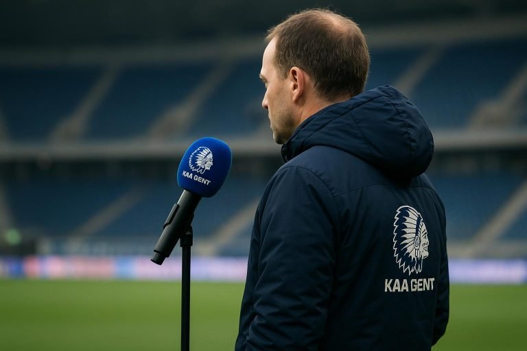 Rik De Mil langs de zijlijn bij KAA Gent tijdens de Champions’ Play-Offs