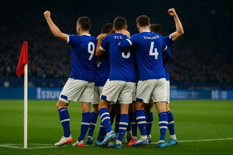 Spelers van Schalke 04 vieren een late goal tijdens de wedstrijd bij SC Paderborn.