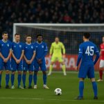 Spelers van KRC Genk en Standard bij een stilstaande fase in de Europe Play-Offs