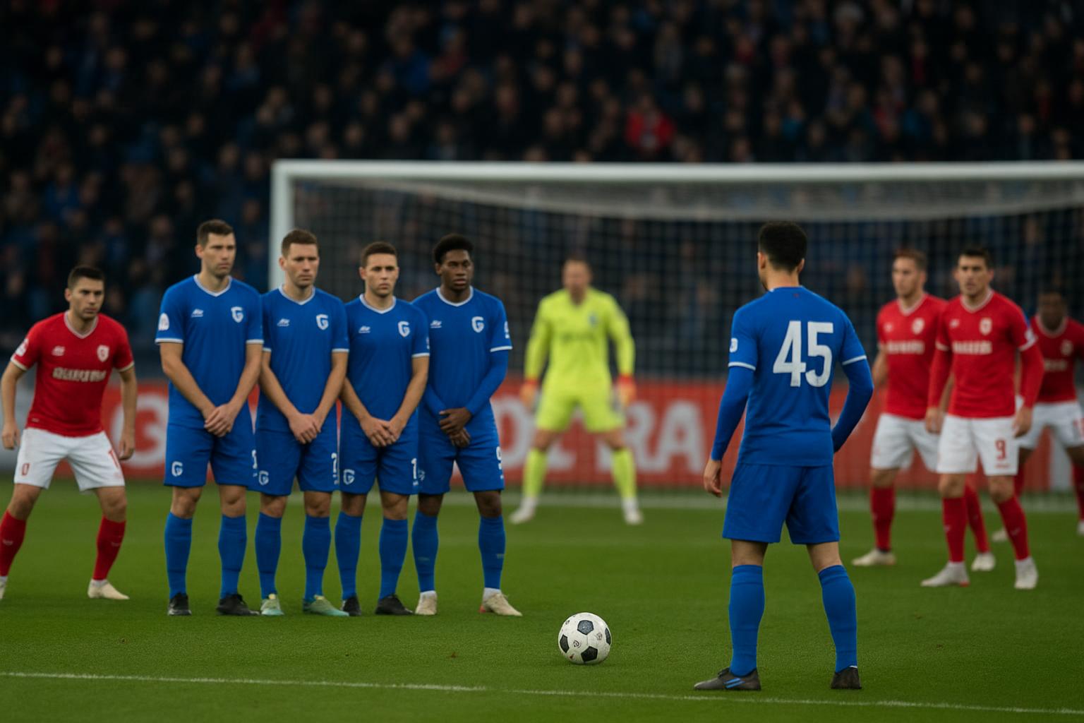 Spelers van KRC Genk en Standard bij een stilstaande fase in de Europe Play-Offs