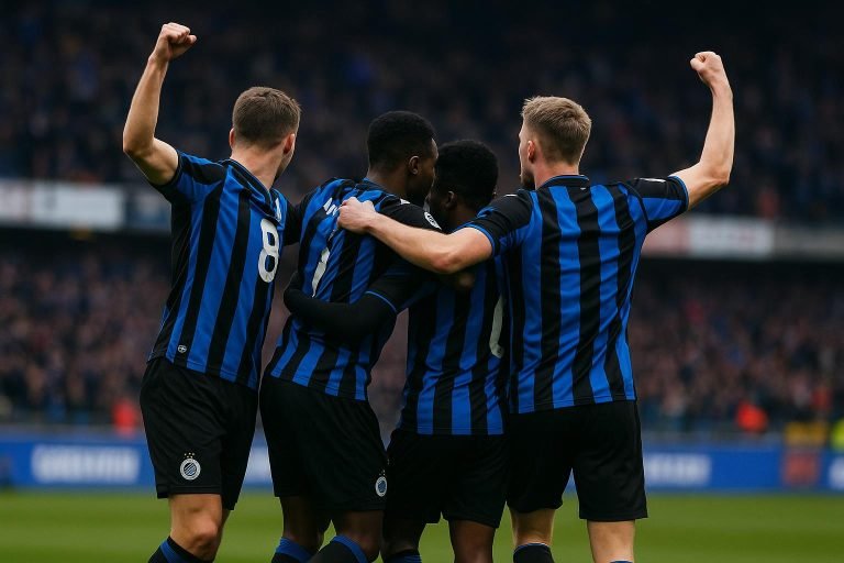 Spelers van Club Brugge vieren een doelpunt tijdens een wedstrijd in de play-offs.