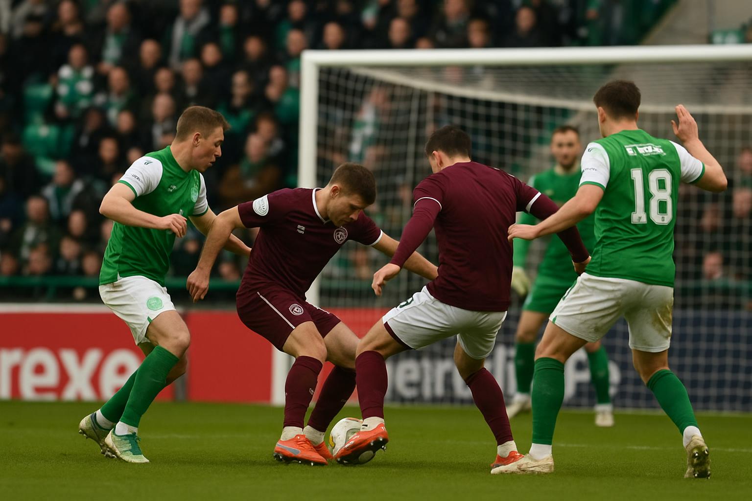 Spelmoment in Hibernian tegen Hearts, met spelers in duel om de bal